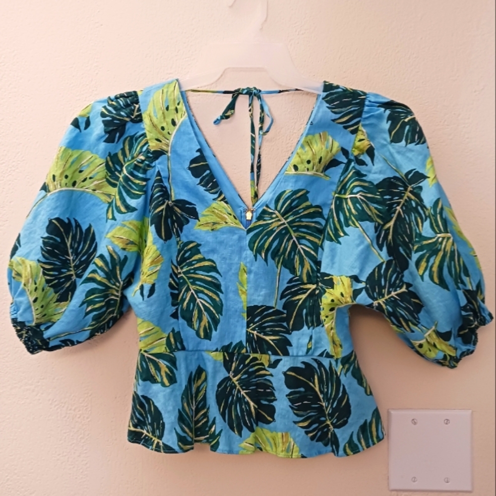 Draper James Blue Green Tropical Leaf Puff Sleeve Blouse